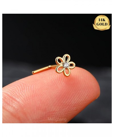 MeIighting Solid Gold Nose Stud 20G Flower Nose Ring L Shaped 14K Solid Gold Clover Nose Piercing Jewelry for Women Clear CZ ...