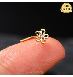 MeIighting Solid Gold Nose Stud 20G Flower Nose Ring L Shaped 14K Solid Gold Clover Nose Piercing Jewelry for Women Clear CZ ...