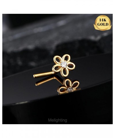 MeIighting Solid Gold Nose Stud 20G Flower Nose Ring L Shaped 14K Solid Gold Clover Nose Piercing Jewelry for Women Clear CZ ...