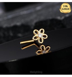 MeIighting Solid Gold Nose Stud 20G Flower Nose Ring L Shaped 14K Solid Gold Clover Nose Piercing Jewelry for Women Clear CZ ...