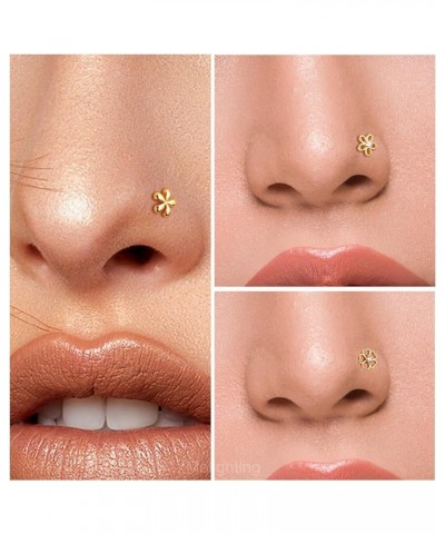 MeIighting Solid Gold Nose Stud 20G Flower Nose Ring L Shaped 14K Solid Gold Clover Nose Piercing Jewelry for Women Clear CZ ...