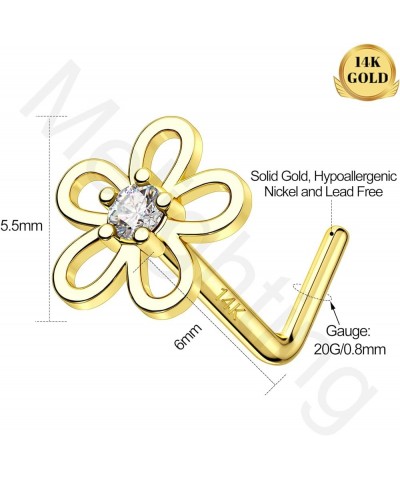 MeIighting Solid Gold Nose Stud 20G Flower Nose Ring L Shaped 14K Solid Gold Clover Nose Piercing Jewelry for Women Clear CZ ...