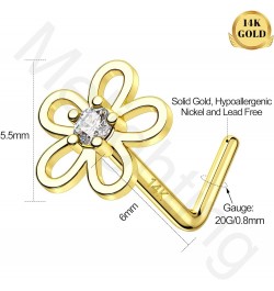 MeIighting Solid Gold Nose Stud 20G Flower Nose Ring L Shaped 14K Solid Gold Clover Nose Piercing Jewelry for Women Clear CZ ...