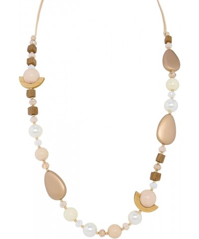 Statement Long Waxed Rope Spliced Necklace with Contrasting Bold Acrylic Wood Beads for Women - 40 Inch Beige $17.39 Necklaces