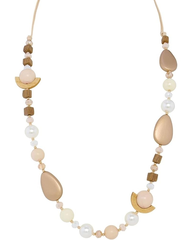 Statement Long Waxed Rope Spliced Necklace with Contrasting Bold Acrylic Wood Beads for Women - 40 Inch Beige $17.39 Necklaces