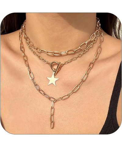 Chunky Chain Necklace for Women Layered Star Pendant Necklace Multilayer Paperclip Necklace for Teen Girls A: gold 3layer pap...