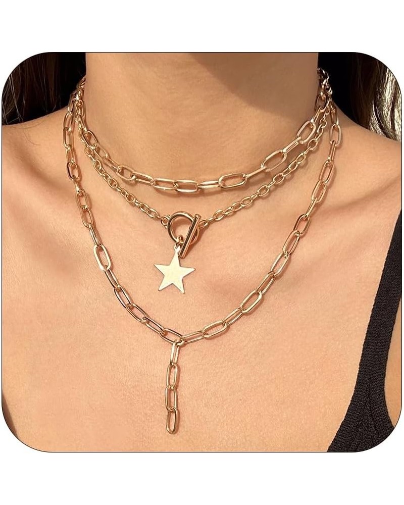 Chunky Chain Necklace for Women Layered Star Pendant Necklace Multilayer Paperclip Necklace for Teen Girls A: gold 3layer pap...