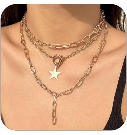 Chunky Chain Necklace for Women Layered Star Pendant Necklace Multilayer Paperclip Necklace for Teen Girls A: gold 3layer pap...