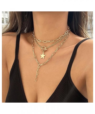 Chunky Chain Necklace for Women Layered Star Pendant Necklace Multilayer Paperclip Necklace for Teen Girls A: gold 3layer pap...