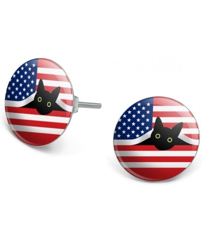 Black Cat 4th of July American Flag Patriotic Novelty Silver Plated Stud Earrings $10.02 Earrings