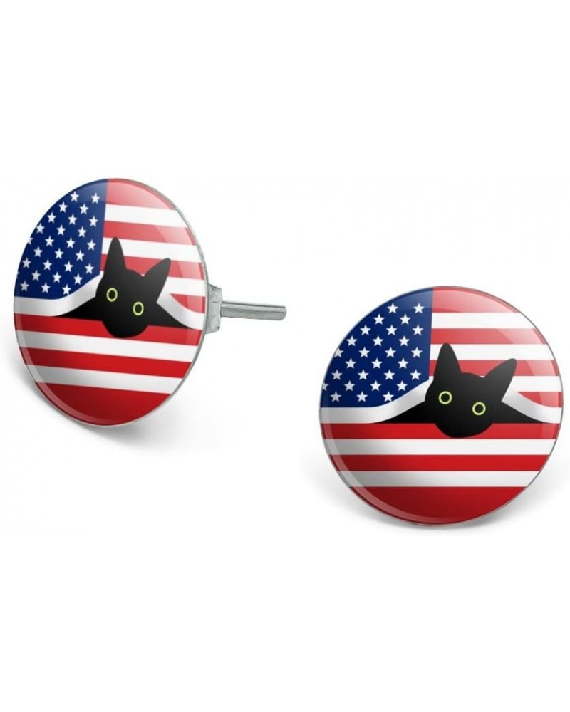 Black Cat 4th of July American Flag Patriotic Novelty Silver Plated Stud Earrings $10.02 Earrings