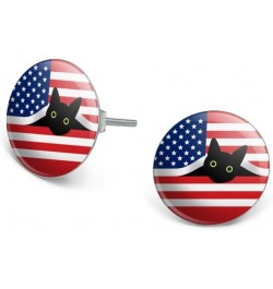 Black Cat 4th of July American Flag Patriotic Novelty Silver Plated Stud Earrings $10.02 Earrings