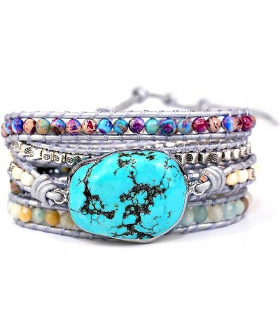 Handmade Natural Ocean Jasper Stone Genuine Leather 5X Wrap Bracelet Turquoise $11.39 Bracelets