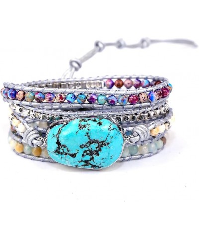 Handmade Natural Ocean Jasper Stone Genuine Leather 5X Wrap Bracelet Turquoise $11.39 Bracelets