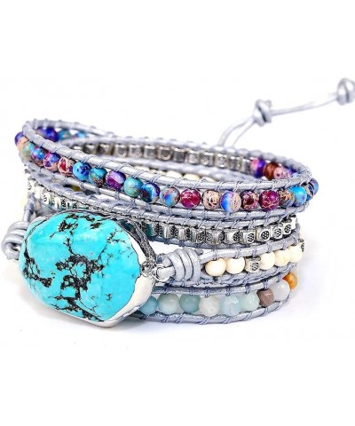 Handmade Natural Ocean Jasper Stone Genuine Leather 5X Wrap Bracelet Turquoise $11.39 Bracelets