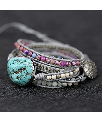 Handmade Natural Ocean Jasper Stone Genuine Leather 5X Wrap Bracelet Turquoise $11.39 Bracelets