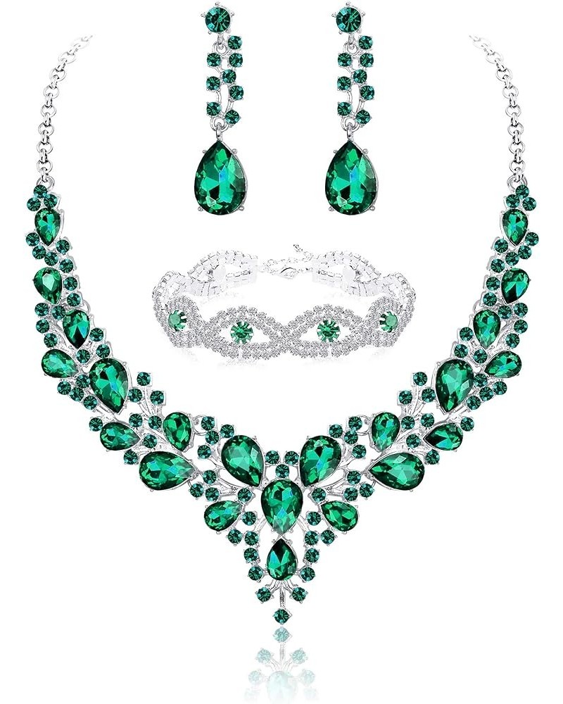 Crystal Bridal Jewelry Set for Women Rhinestone Necklace Earrings Bracelet Wedding Bridesmaid Green $9.87 Jewelry Sets