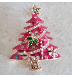 Pink Christmas Tree Rhinestone Brooch, Crystal Enamel Shining Star Christmas Tree Brooch Hat Pin, Vintage Rhinestone Christma...