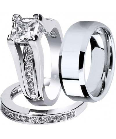 Wedding Ring Sets Couples Rings Women's Sterling Silver Princess CZ Men's Stainless Steel Bands Women's size 08 & Men's size ...