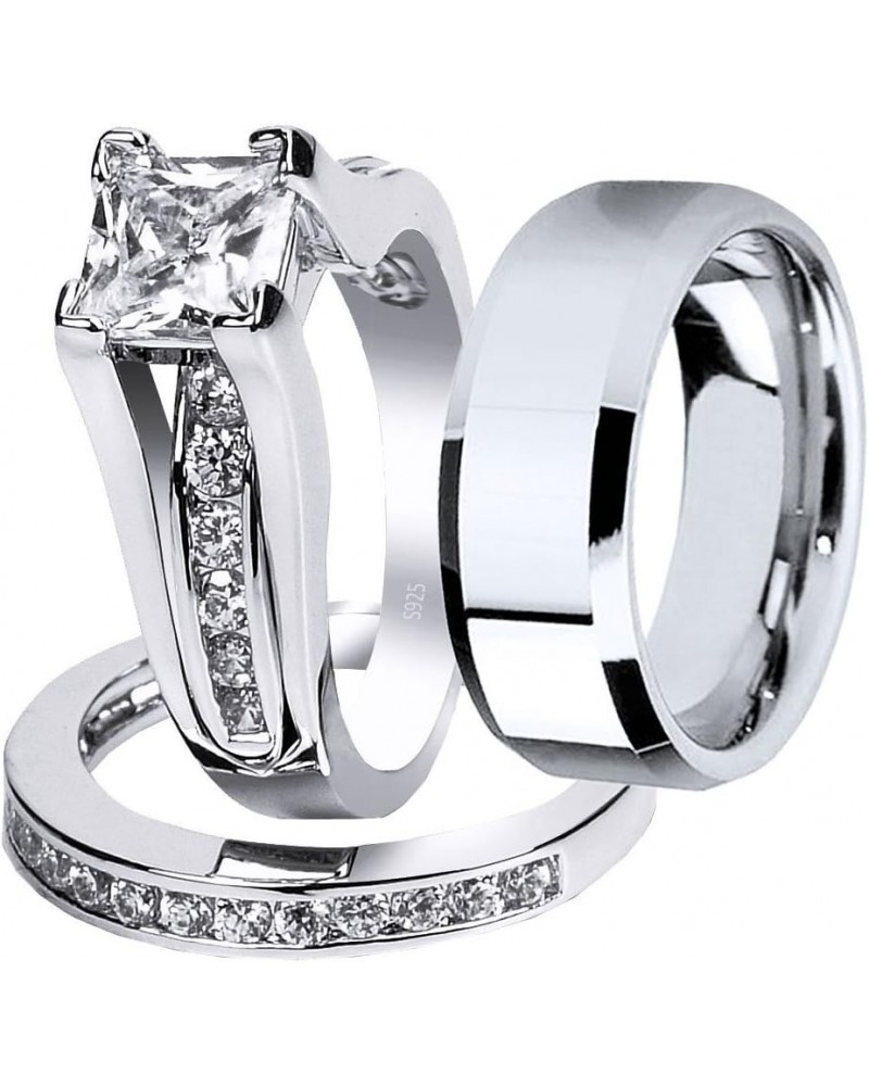 Wedding Ring Sets Couples Rings Women's Sterling Silver Princess CZ Men's Stainless Steel Bands Women's size 08 & Men's size ...