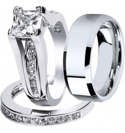 Wedding Ring Sets Couples Rings Women's Sterling Silver Princess CZ Men's Stainless Steel Bands Women's size 08 & Men's size ...