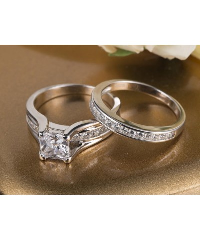 Wedding Ring Sets Couples Rings Women's Sterling Silver Princess CZ Men's Stainless Steel Bands Women's size 08 & Men's size ...