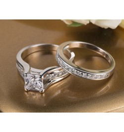 Wedding Ring Sets Couples Rings Women's Sterling Silver Princess CZ Men's Stainless Steel Bands Women's size 08 & Men's size ...