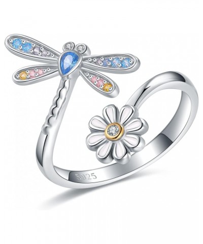 925-Sterling-Silver Dragonfly Daisy Rings for Women - Adjustable Wrap Flower Ring Cubic Zirconia Cute Animal Insect Jewelry G...