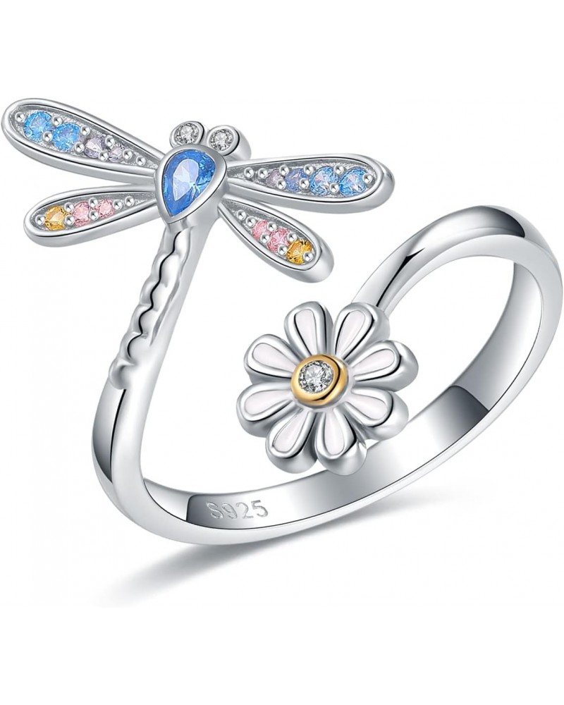 925-Sterling-Silver Dragonfly Daisy Rings for Women - Adjustable Wrap Flower Ring Cubic Zirconia Cute Animal Insect Jewelry G...