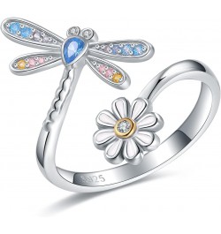 925-Sterling-Silver Dragonfly Daisy Rings for Women - Adjustable Wrap Flower Ring Cubic Zirconia Cute Animal Insect Jewelry G...