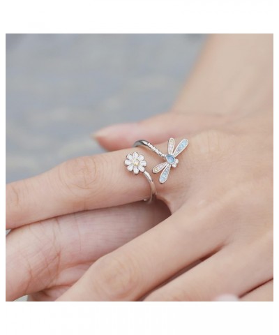 925-Sterling-Silver Dragonfly Daisy Rings for Women - Adjustable Wrap Flower Ring Cubic Zirconia Cute Animal Insect Jewelry G...