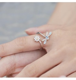 925-Sterling-Silver Dragonfly Daisy Rings for Women - Adjustable Wrap Flower Ring Cubic Zirconia Cute Animal Insect Jewelry G...