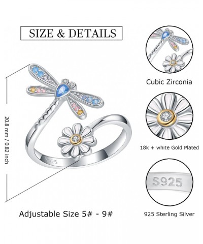 925-Sterling-Silver Dragonfly Daisy Rings for Women - Adjustable Wrap Flower Ring Cubic Zirconia Cute Animal Insect Jewelry G...