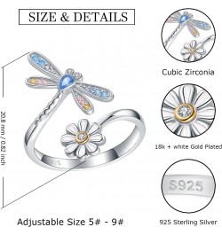 925-Sterling-Silver Dragonfly Daisy Rings for Women - Adjustable Wrap Flower Ring Cubic Zirconia Cute Animal Insect Jewelry G...