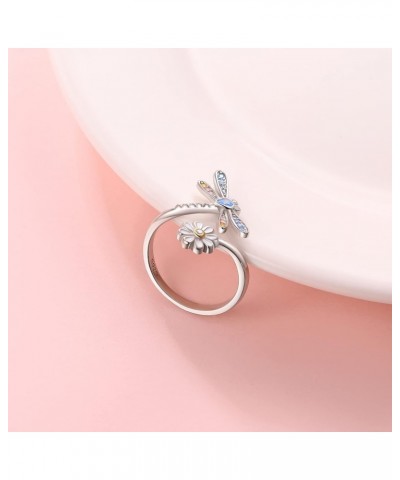 925-Sterling-Silver Dragonfly Daisy Rings for Women - Adjustable Wrap Flower Ring Cubic Zirconia Cute Animal Insect Jewelry G...