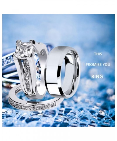 Wedding Ring Sets Couples Rings Women's Sterling Silver Princess CZ Men's Stainless Steel Bands Women's size 08 & Men's size ...