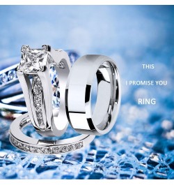 Wedding Ring Sets Couples Rings Women's Sterling Silver Princess CZ Men's Stainless Steel Bands Women's size 08 & Men's size ...