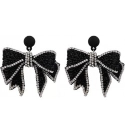 Black CZ Bow Knot Dangle Drop Earrings Rhinestone Acrylic Velvet Ribbon Bow Charm Dangling Statement Earring Sparkling Christ...