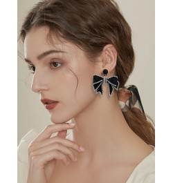 Black CZ Bow Knot Dangle Drop Earrings Rhinestone Acrylic Velvet Ribbon Bow Charm Dangling Statement Earring Sparkling Christ...