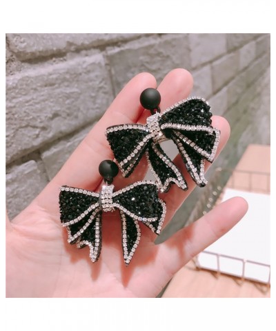 Black CZ Bow Knot Dangle Drop Earrings Rhinestone Acrylic Velvet Ribbon Bow Charm Dangling Statement Earring Sparkling Christ...