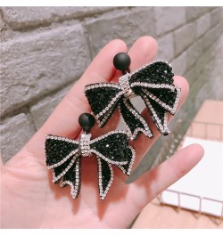 Black CZ Bow Knot Dangle Drop Earrings Rhinestone Acrylic Velvet Ribbon Bow Charm Dangling Statement Earring Sparkling Christ...