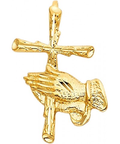 14K Yellow Gold Religious Praying Hands with Cross Pendant - Crucifix Charm Polish Finish - Handmade Spiritual Symbol - Gold ...