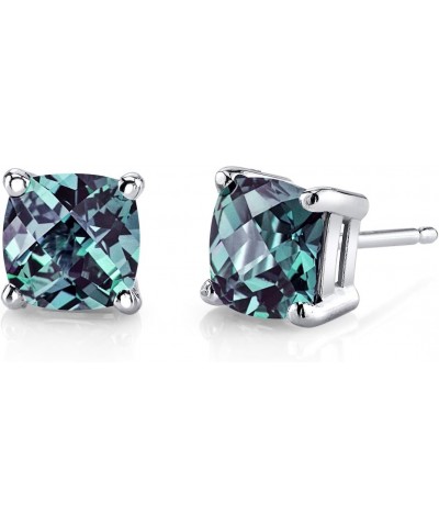 14K White Gold Created Alexandrite Stud Earrings for Women, Hypoallergenic Color-Changing Solitaire, 2.50 Carats total Cushio...