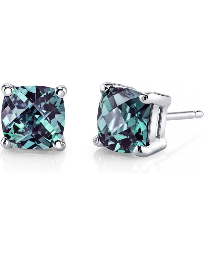 14K White Gold Created Alexandrite Stud Earrings for Women, Hypoallergenic Color-Changing Solitaire, 2.50 Carats total Cushio...