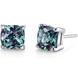 14K White Gold Created Alexandrite Stud Earrings for Women, Hypoallergenic Color-Changing Solitaire, 2.50 Carats total Cushio...