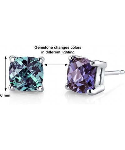 14K White Gold Created Alexandrite Stud Earrings for Women, Hypoallergenic Color-Changing Solitaire, 2.50 Carats total Cushio...