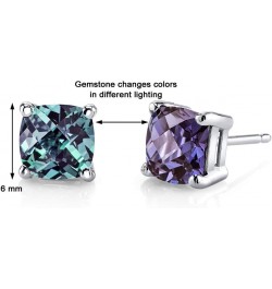 14K White Gold Created Alexandrite Stud Earrings for Women, Hypoallergenic Color-Changing Solitaire, 2.50 Carats total Cushio...