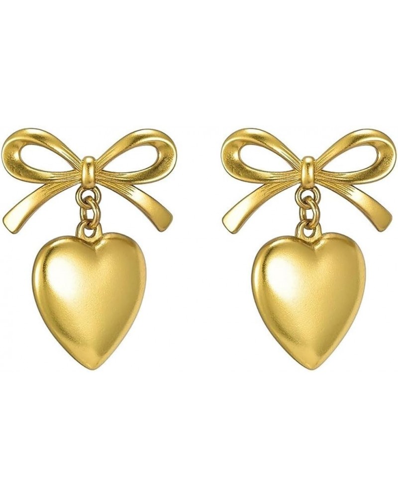 Dangle Golden Heart Bow Knot Stud Earrings Hypoallergenic 925 Sterling Silver Pin for Women Girls Love Hearted Ribbon Bow Dan...