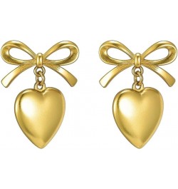 Dangle Golden Heart Bow Knot Stud Earrings Hypoallergenic 925 Sterling Silver Pin for Women Girls Love Hearted Ribbon Bow Dan...