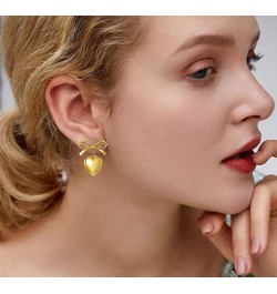 Dangle Golden Heart Bow Knot Stud Earrings Hypoallergenic 925 Sterling Silver Pin for Women Girls Love Hearted Ribbon Bow Dan...